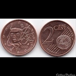 2 cent : 1999 Marianne, symbole de la République française.