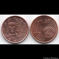 1 cent : 2001 Marianne, symbole de la République française.