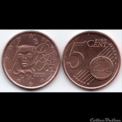 5 cent : 2000 Marianne, symbole de la République française.