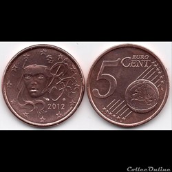 5 cent : 2012 Marianne, symbole de la République française.