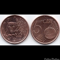 5 cent : 2002 Marianne, symbole de la République française.