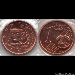 1cent : 2002 Marianne, symbole de la République française.