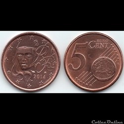 5 cent : 2014 Marianne, symbole de la République française.