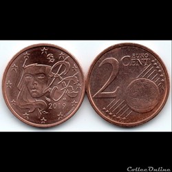 2 cent : 2019 Marianne, symbole de la République française.
