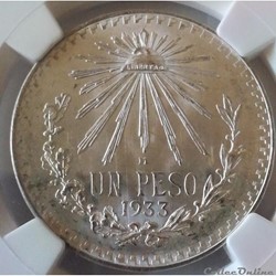 1 Peso 1933 M Mexico NGC MS65 Brilliant White Lustrous