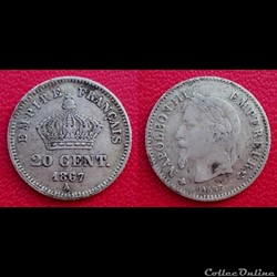 20 Cts Napoléon III Tête Laurée Grand Module 1867 A