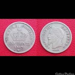 20 Cts Napoléon III Tête Laurée Grand Module 1867 BB