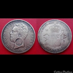 5 Pesetas Amadeo Ier contremarquée "couronne et GP"