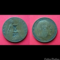 Half Penny Edouard VII contremarqué "(flèche vers le bas) M30"