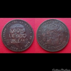 Diez Centimos Alfonso XII 1879 Contremarquée "VIVE LE DUC D'ORLÉANS"