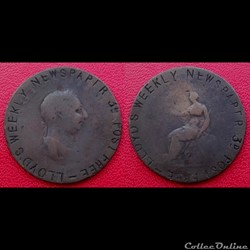 Halfpenny de George III Contremarqué "LLOYD'S WEEKLY NEWSPAPER 3D POST FREE"