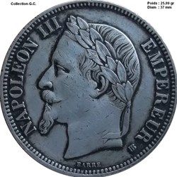 5 francs Napoléon III, tête laurée 1867 Strasbourg