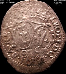 LORRAINE - DUCHÉ DE LORRAINE - LÉOPOLD Ier Pièce de 2 sous de billon