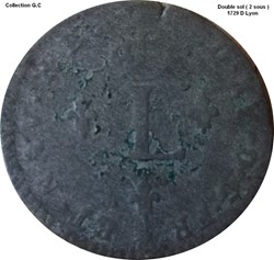 Double sol " 2 Sous" "dit aux 2 L couronnés" 1739 D Lyon