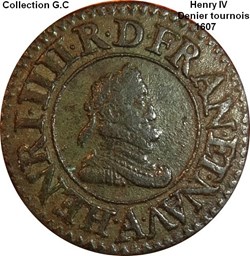Denier tournois, 2e type de Paris (légende française) 1607 Paris, Moulin des Étuves