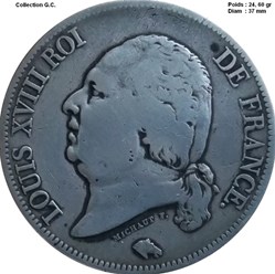 5 francs Louis XVIII, tête nue 1816 B Rouen