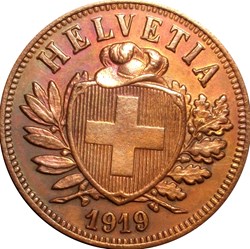 SUISSE 2 Centimes (Rappen) 1919 Berne