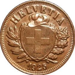 SUISSE 2 Centimes (Rappen) croix suisse 1925 Berne - B