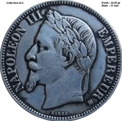 5 francs Napoléon III, tête laurée 1867 BB Strasbourg