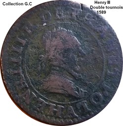 Double tournois, 2e type de Paris, frappé au moulin 1589 Paris