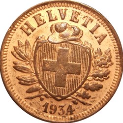SUISSE 2 Centimes (Rappen) croix suisse 1934 Berne - B