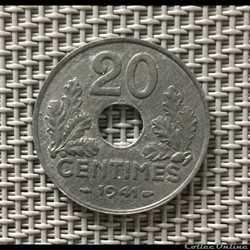 20 centimes 1941 état francais striures fines