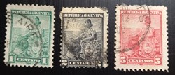 Argentine 1899 - Symbols of the Republic - Allégorie,Lliberté assise Lot 3 Timbres Oblitérés