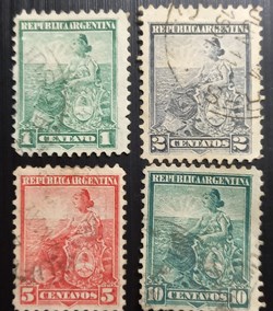 Argentine 1899 - Symbols of the Republic - Allégorie,Lliberté assise Lot 4 Timbres Oblitérés