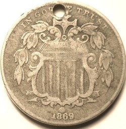 USA: 1869 Shield nickel, holed