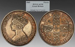 Great Britain: 1865 silver florin of Queen Victoria, "Gothic" type, Die #13