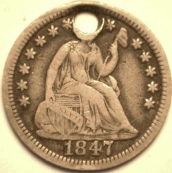 USA: 1847 Seated Liberty half dime, holed