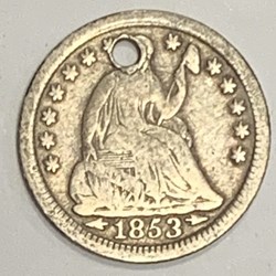 USA: 1853 (arrows) Seated Liberty half dime, holed
