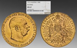 Austria: 1915 gold 100-corona of Franz-Josef I, official restrike