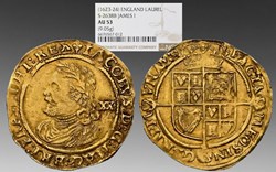 England: ca. 1623-1624 gold Laurel of James I, third coinage, lis mintmark