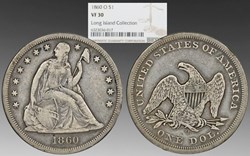 United States: 1860-O silver Seated Liberty dollar, No Motto, ex-Long Island Collection
