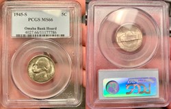 United States: 1945-S silver 5-cents, Jefferson "wartime" issue, ex-Omaha Bank Hoard (PCGS MS66)