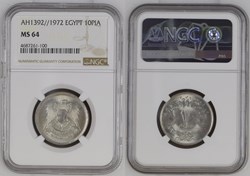 Egypt: AH 1392 (1972) copper-nickel 10-piastres/10 qirsh (NGC MS64)