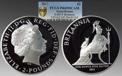Great Britain, 2013 proof silver Britannia commemorative, one ounce, .999 fine