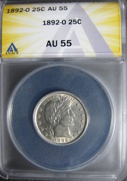 United States: 1892-O silver Barber quarter (ANACS AU55)