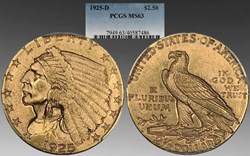 United States: 1925-D gold Indian Head quarter-eagle ($2.50)