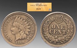 United States: copper-nickel Indian Head cent, 1860, Type 2; Rounded Bust variety