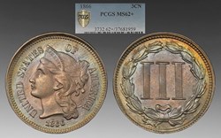 United States: 1866 copper-nickel 3-cent piece, Liberty Head type