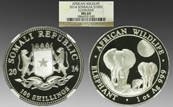Somalia: silver 100-shillings, 2014; silver bullion coinage (elephant)