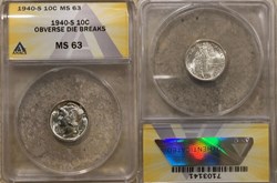 United States: 1940-S silver "Mercury" dime, obverse die breaks (ANACS MS63)