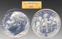 United States: silver proof Roosevelt dime, 1964 (Breen-3757 Pointed 9 variety)