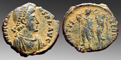 Eastern Roman Empire: bronze Æ3 of Arcadius, ca. 395-408 AD; Antioch mint, Victory reverse