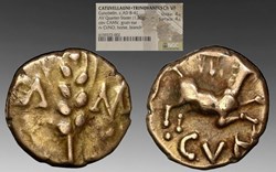 Celtic Tribes (Catuvellauni & Trinovantes): ca. 8-41 AD gold quarter-stater of Cunobelin