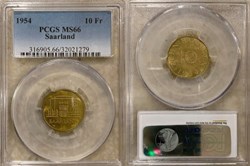 Germany (Saarland): 1954 aluminum-bronze 10-franken (PCGS MS66)