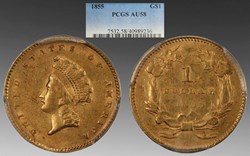 United States: 1855 gold dollar, Type 2, Small Indian Head