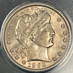 United States: 1892-O silver Barber quarter